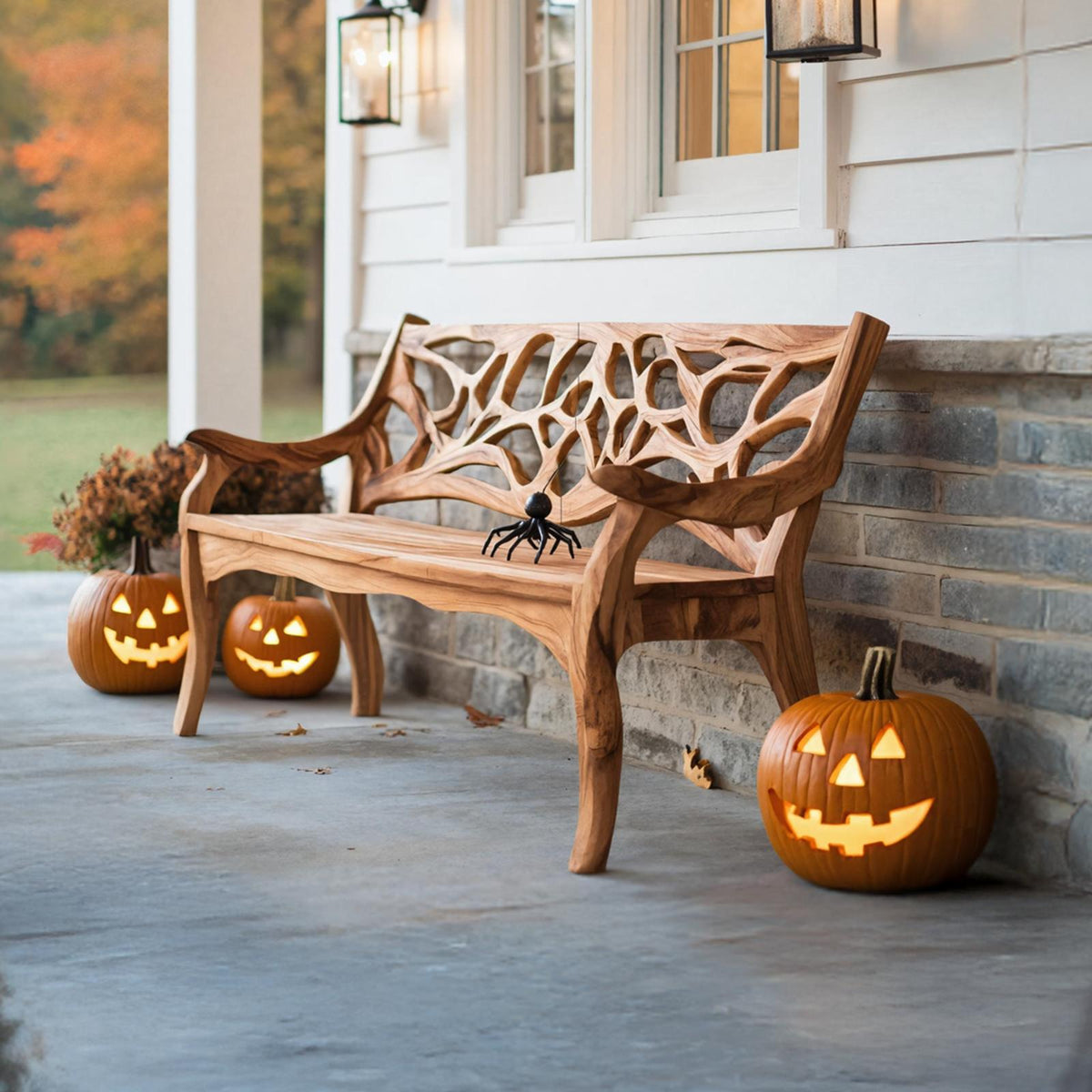 Spry Interior Handcrafted Solid Wood Halloween Bench, Spooky Carved Outdoor Garden Bench, Gothic Porch Seating, Holiday Decor, SILDTTNHOB035