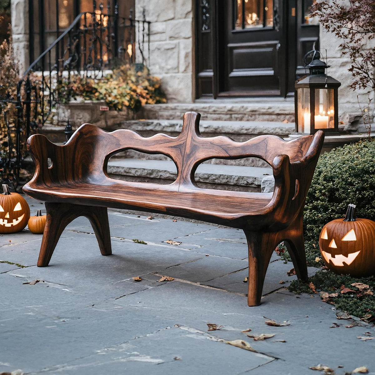 Spry Interior Rustic Wood Halloween Patio Chair, Spooky Carved Gothic Armchair for Porch, Outdoor Festive Holiday Party Seating, SILDTTNHOB009