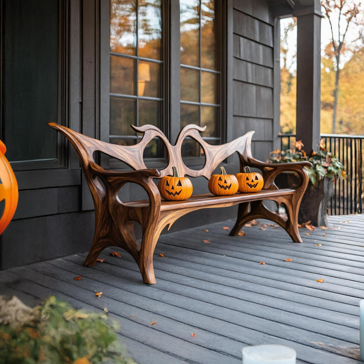 Spry Interior Farmhouse Halloween Wooden Patio Chair, Festive Outdoor Porch Seating, Gothic Carved Wood Holiday Accent Chair, SILDTTNHOB033