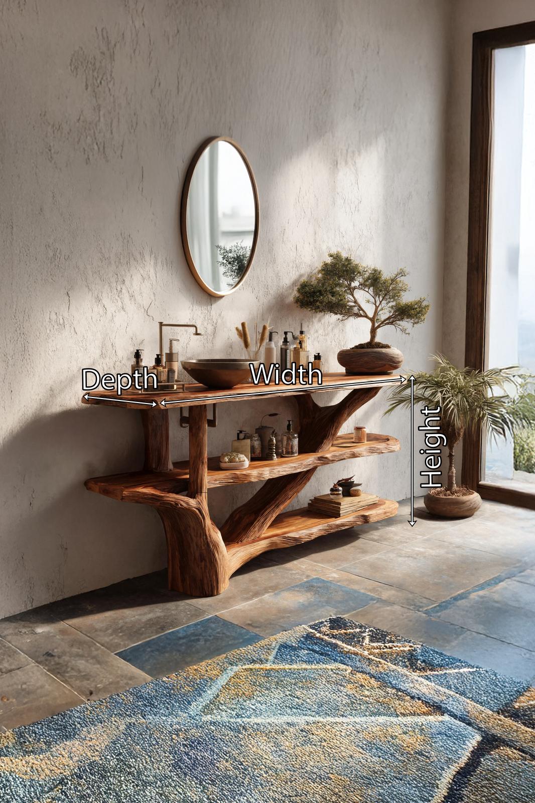 Mid Century Live Edge Bathroom Vanity, Solid Wood Tree Trunk Sink Console for Contemporary Bathroom Decor