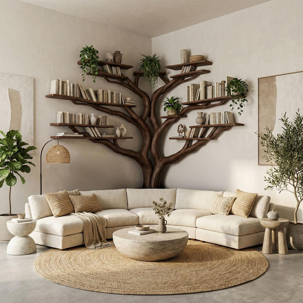 Tree Floating Corner Bookshelf With Corner Bench lshaped SINLTBS010