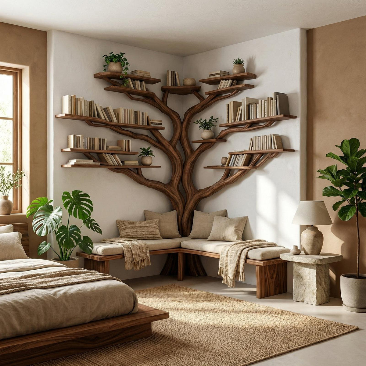 Tree Floating Corner Bookshelf With Corner Bench lshaped SINLTBS010