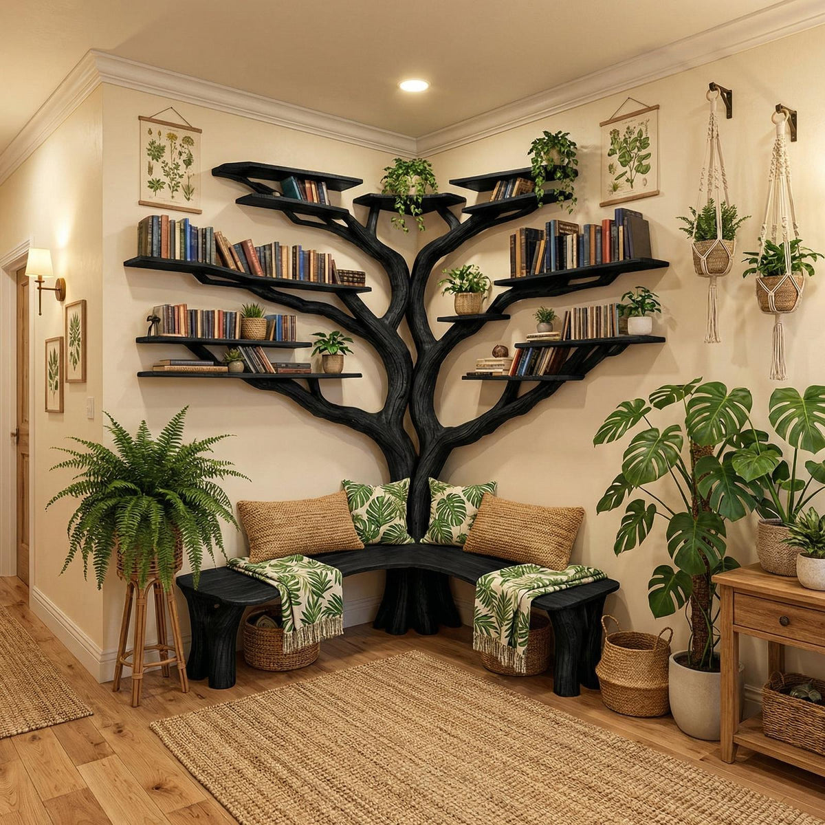 Tree Floating Corner Bookshelf With Corner Bench lshaped SINLTBS010