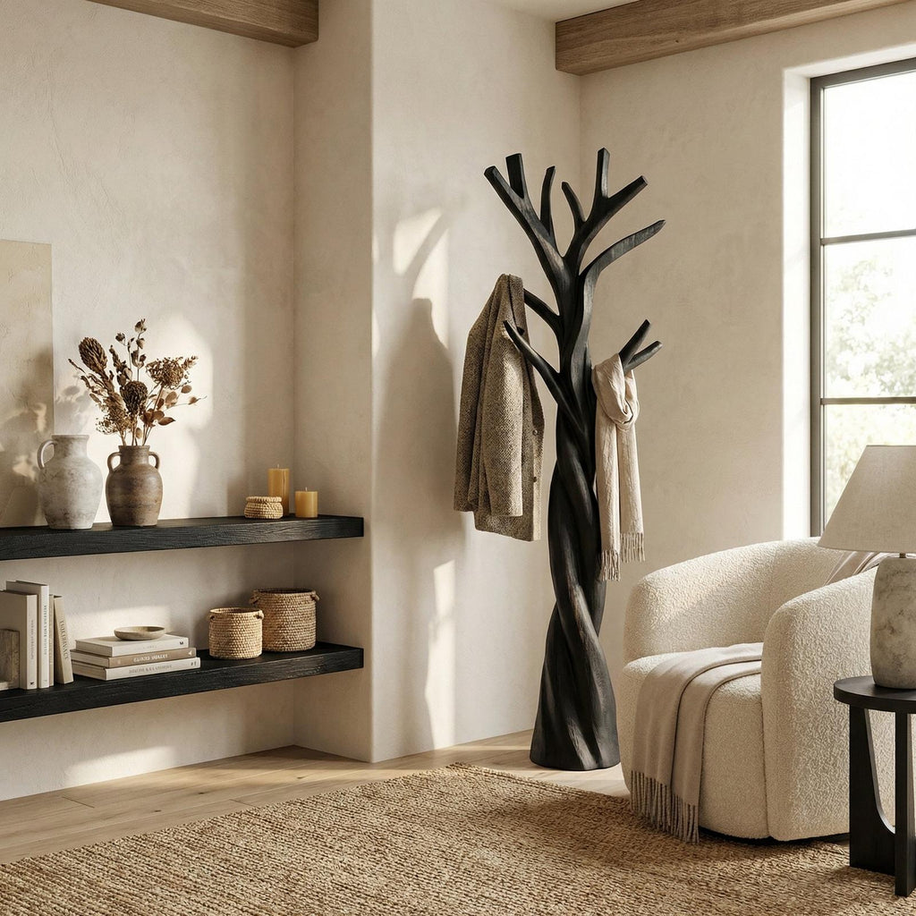 Rustic Twisted Tree Branch Coat Rack, Freestanding Solid Wood Coat Tree & Hat Stand for Entryway
