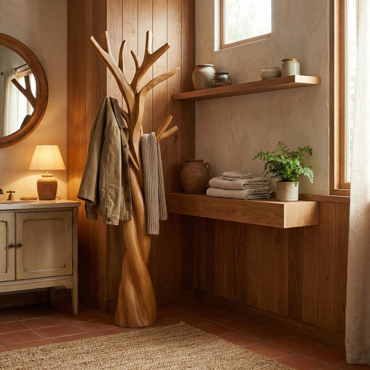 Rustic Twisted Tree Branch Coat Rack, Freestanding Solid Wood Coat Tree & Hat Stand for Entryway