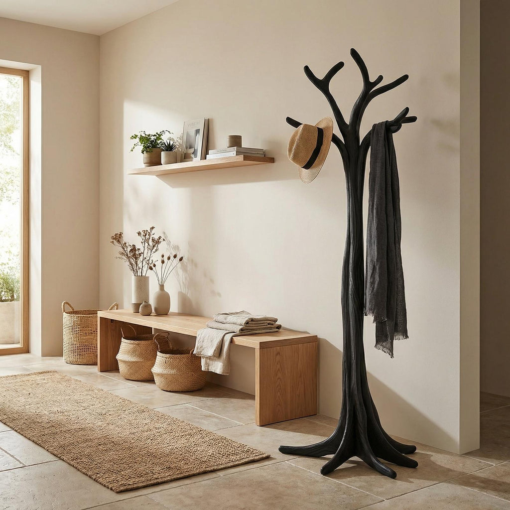 Rustic Tree Branch Coat Rack, Freestanding Solid Wood Coat Tree & Hat Stand Organizer for Entryway