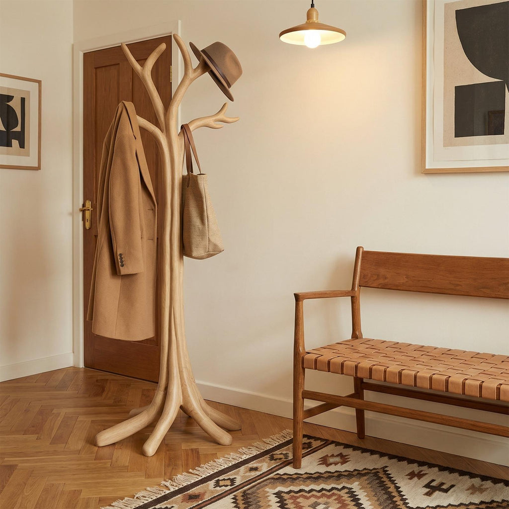 Rustic Tree Branch Coat Rack, Freestanding Solid Wood Coat Tree & Hat Stand Organizer for Entryway