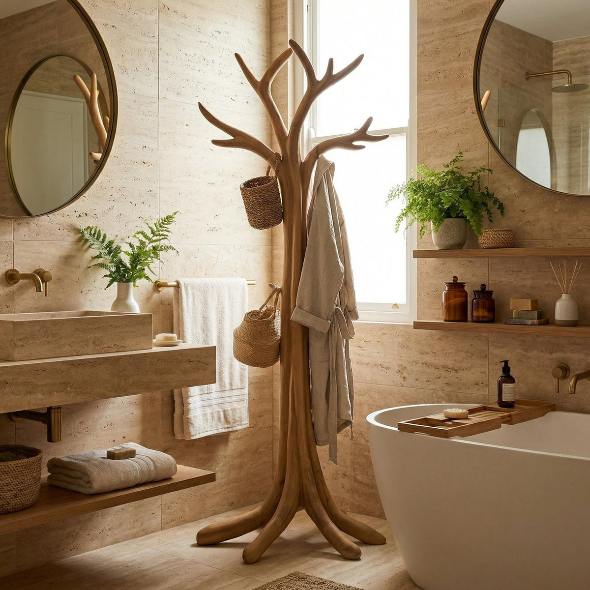 Rustic Tree Branch Coat Rack, Freestanding Solid Wood Coat Tree & Hat Stand Organizer for Entryway