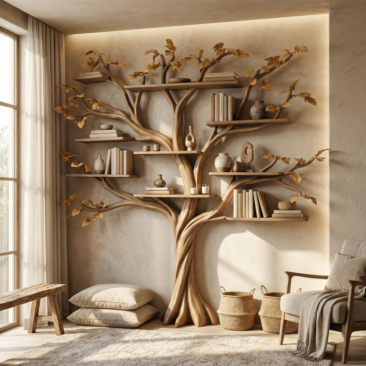 Rustic Halloween Tree Bookshelf, Gothic Style Wood Branch Wall Display Shelf for Cozy Bedroom Decor