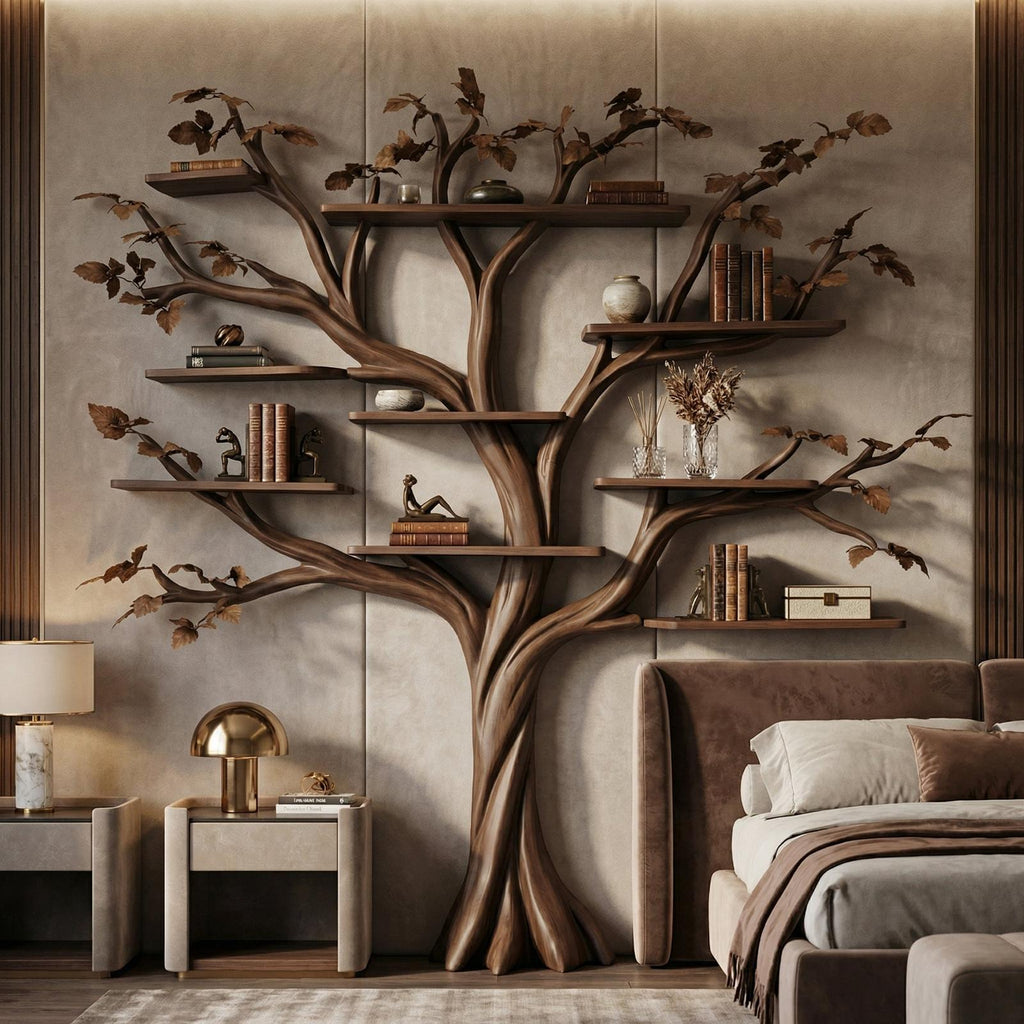 Rustic Halloween Tree Bookshelf, Gothic Style Wood Branch Wall Display Shelf for Cozy Bedroom Decor