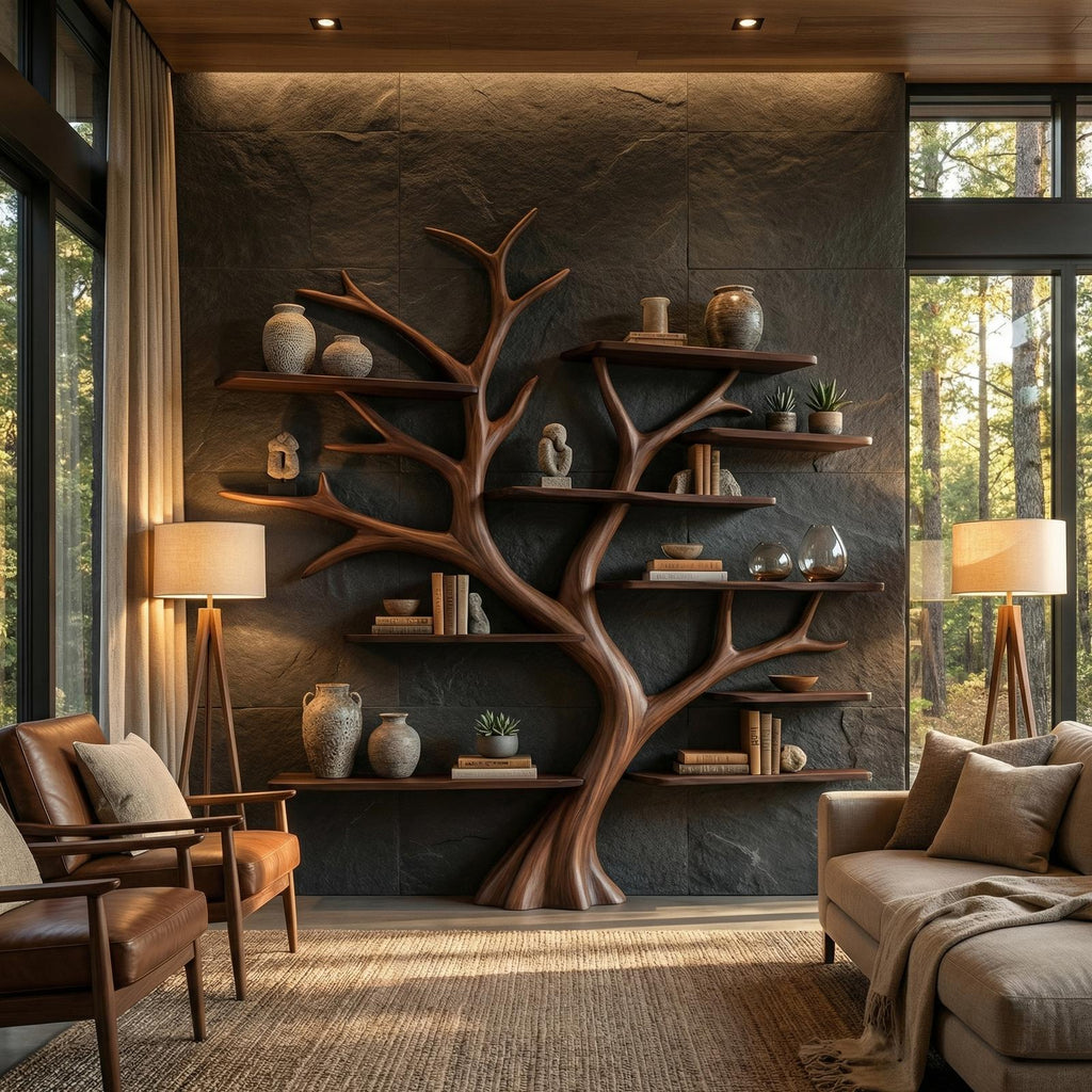 Rustic Wide Tree Bookshelf, Solid Wood Multi-Tier Floating Wall Bookcase for Home Office, Living Room Display & Storage