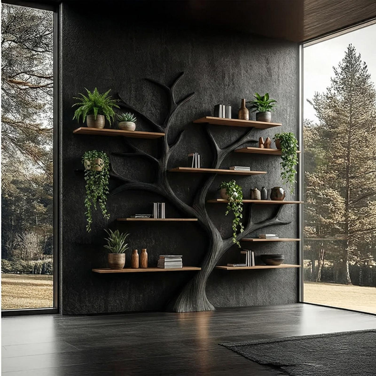 Rustic Wide Tree Bookshelf, Solid Wood Multi-Tier Floating Wall Bookcase for Home Office, Living Room Display & Storage