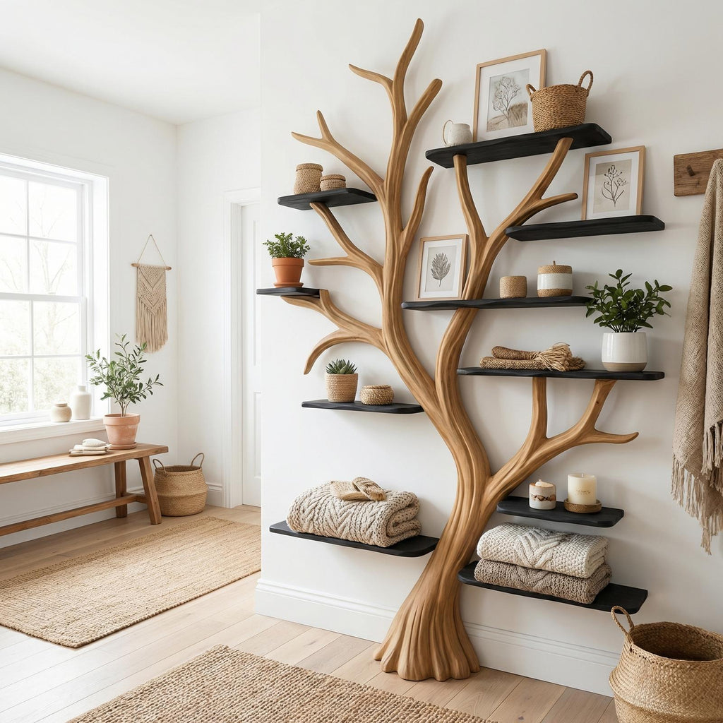 Rustic Wide Tree Bookshelf, Solid Wood Multi-Tier Floating Wall Bookcase for Home Office, Living Room Display & Storage
