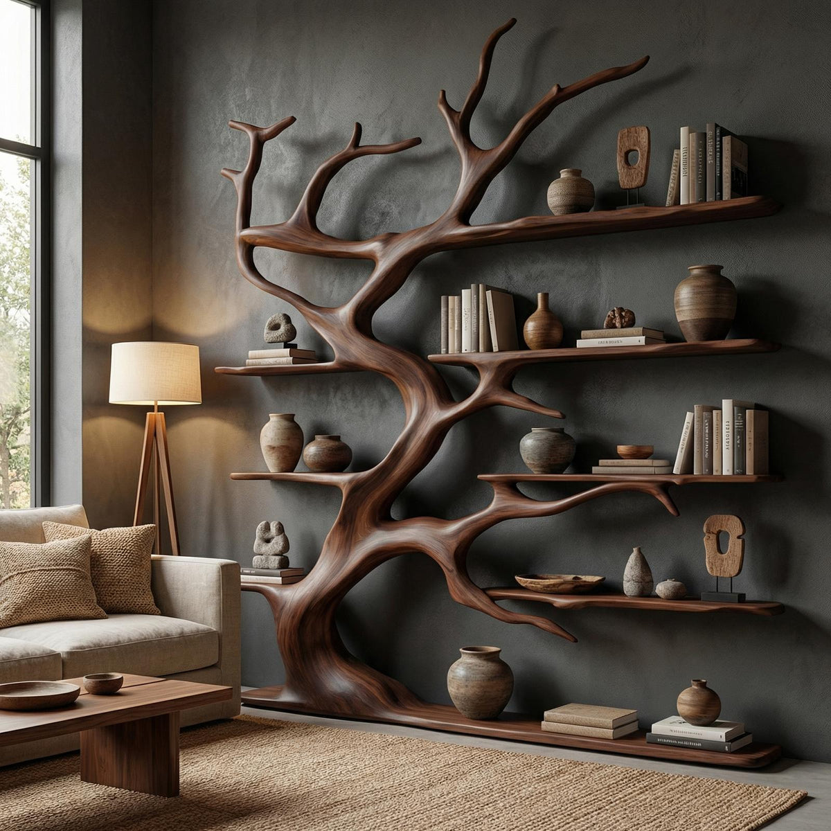 Rustic Tree Branch Bookshelf For Living Room Decor