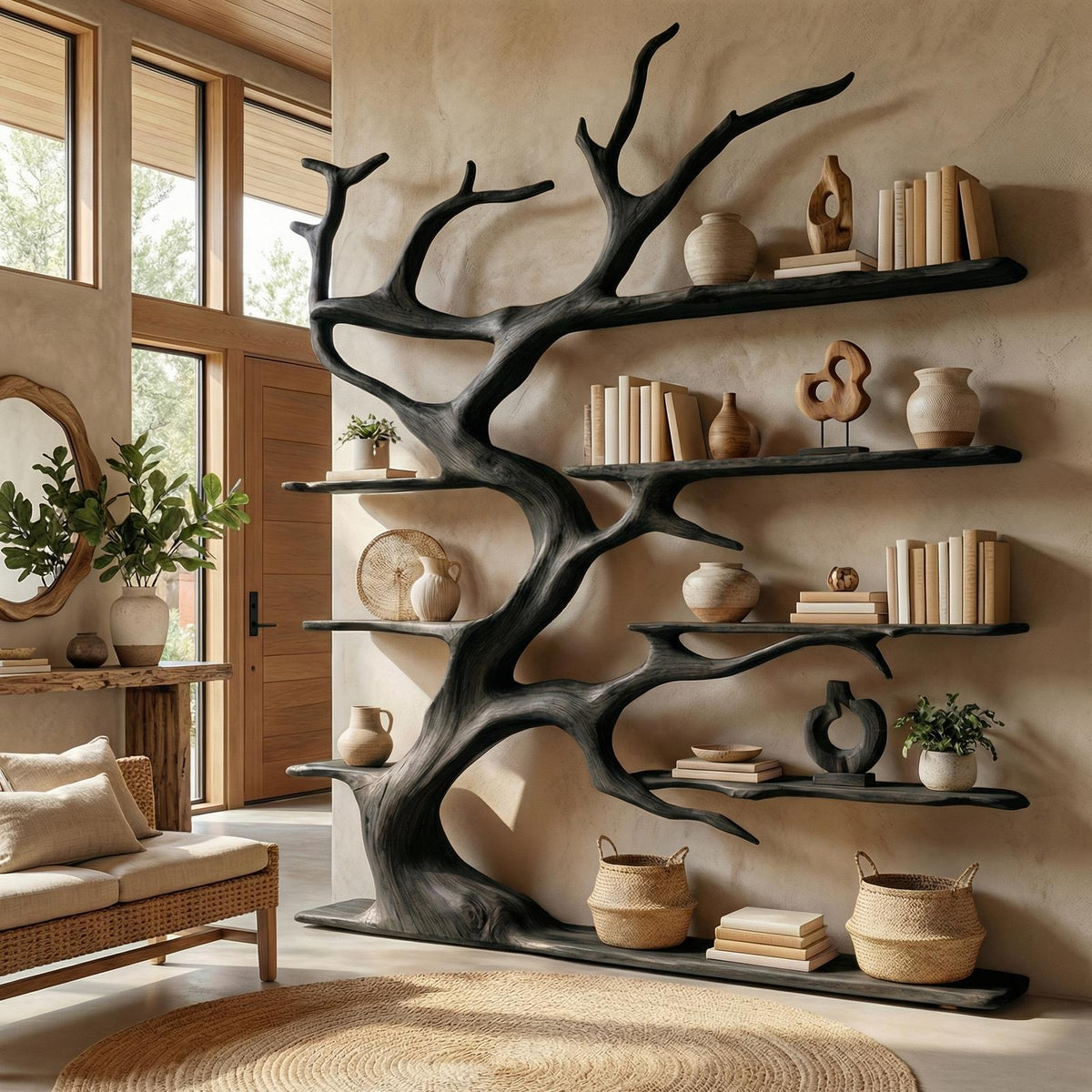 Rustic Tree Branch Bookshelf For Living Room Decor