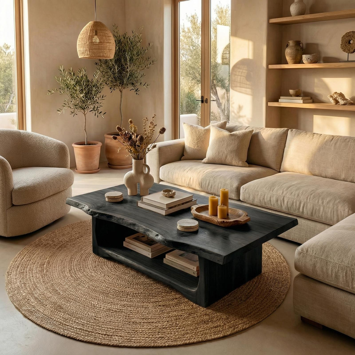 Handcrafted Rustic Live Edge Coffee Table, Solid Wood Natural Tree Slab Centerpiece Table for Living Room, Family Room