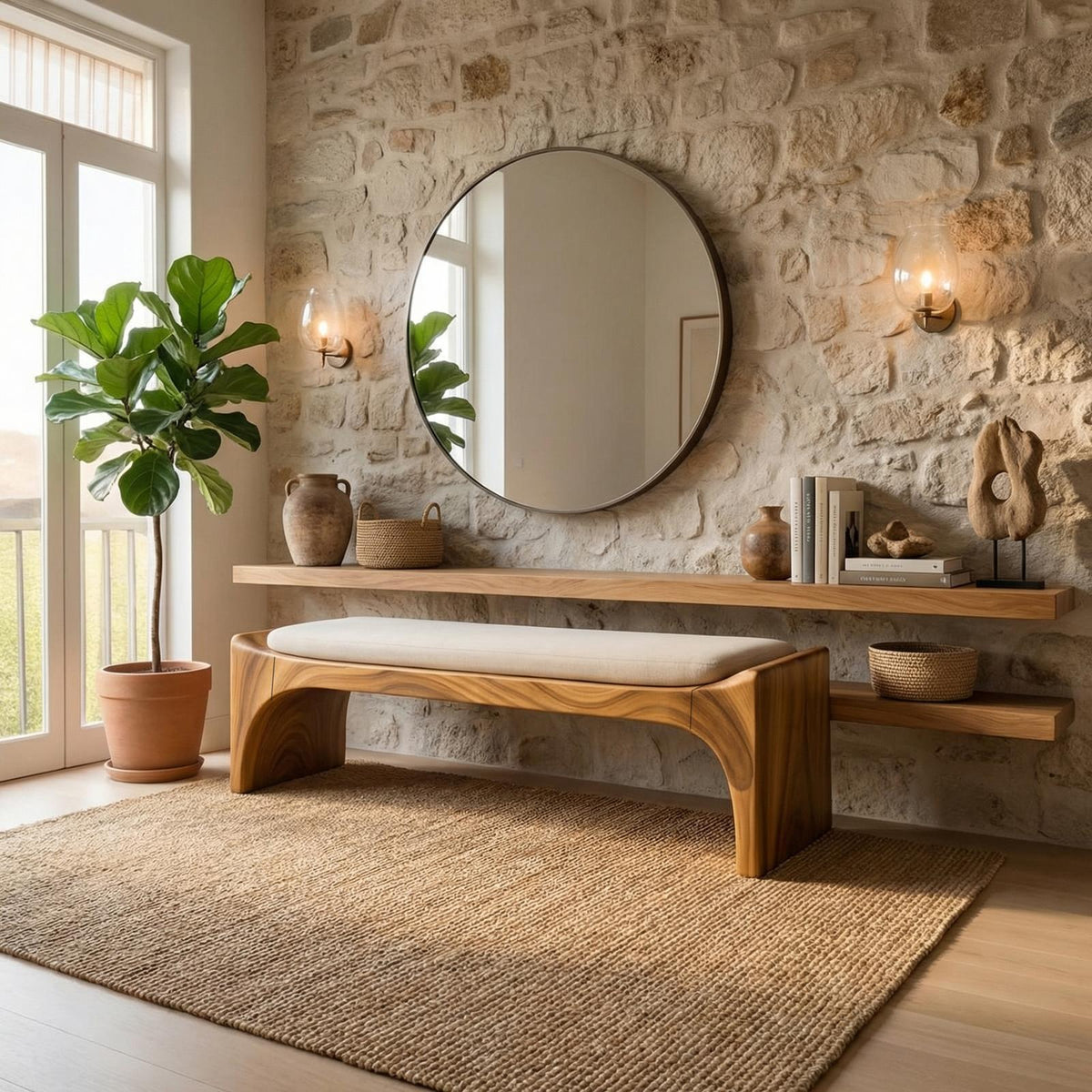 Mid Century Modern Bench Entryway Accent Seating Living