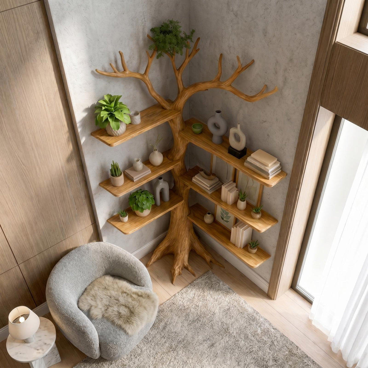 Rustic Corner Tree Bookshelf Living Room SINLSATB221