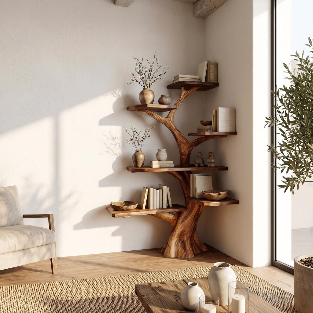 Spry Interior Rustic Corner Tree Bookshelf, Solid Wood Wall Mounted Bookcase & Decorative Hanging Corner Display for Living Room Decor - SINLSATB309