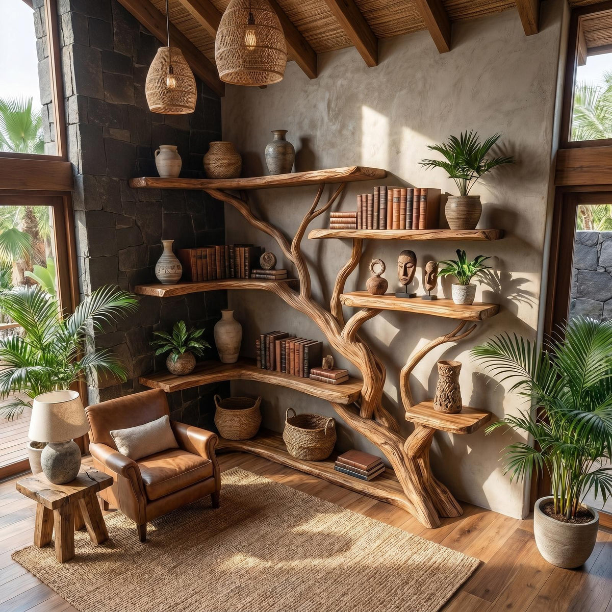 Spry Interior Handcrafted Tree Corner Storage Shelf, Wood Branch Corner Bookcase for Cozy Living Room Interior Feature Decor, SINLSATB647