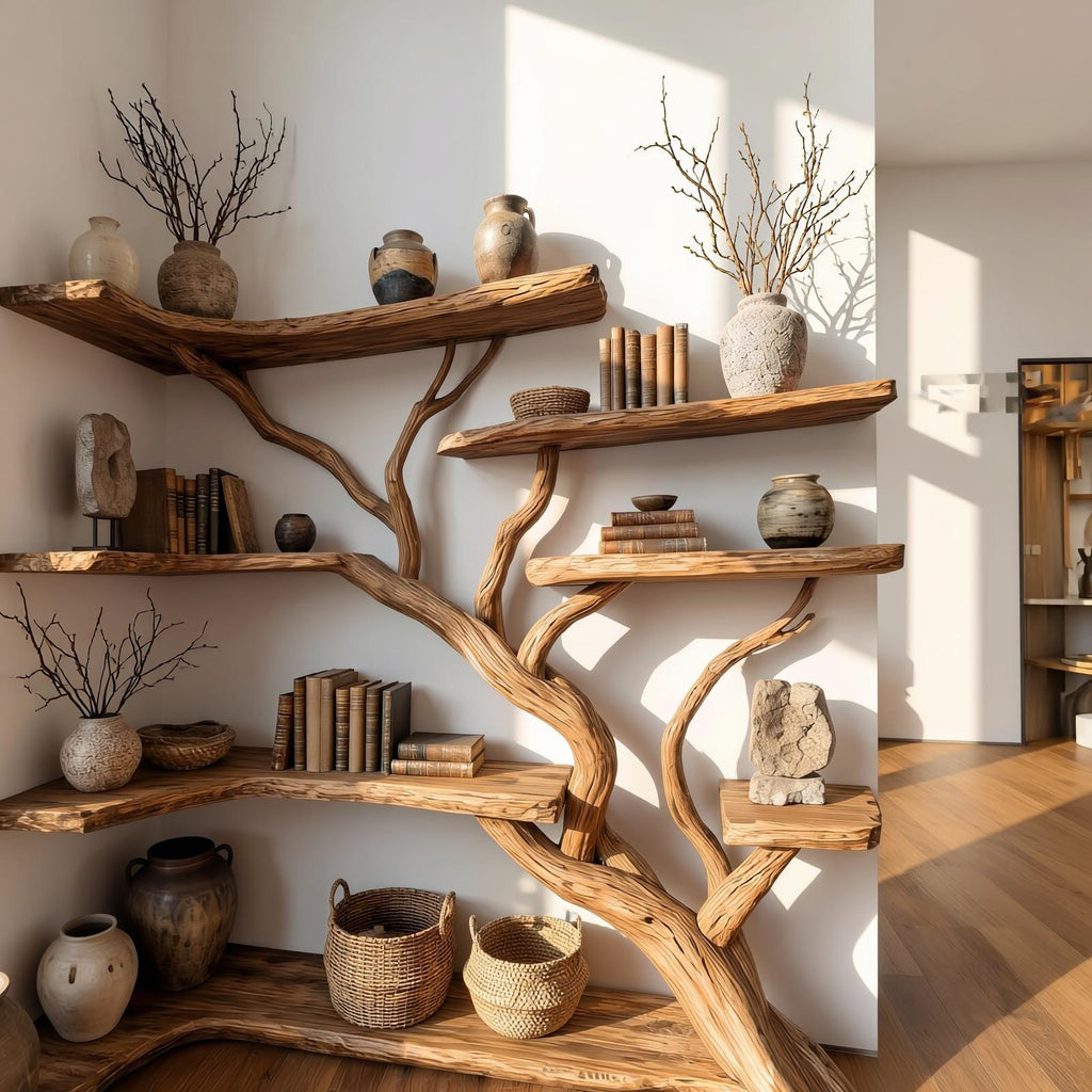 Spry Interior Handcrafted Tree Corner Storage Shelf, Wood Branch Corner Bookcase for Cozy Living Room Interior Feature Decor, SINLSATB647