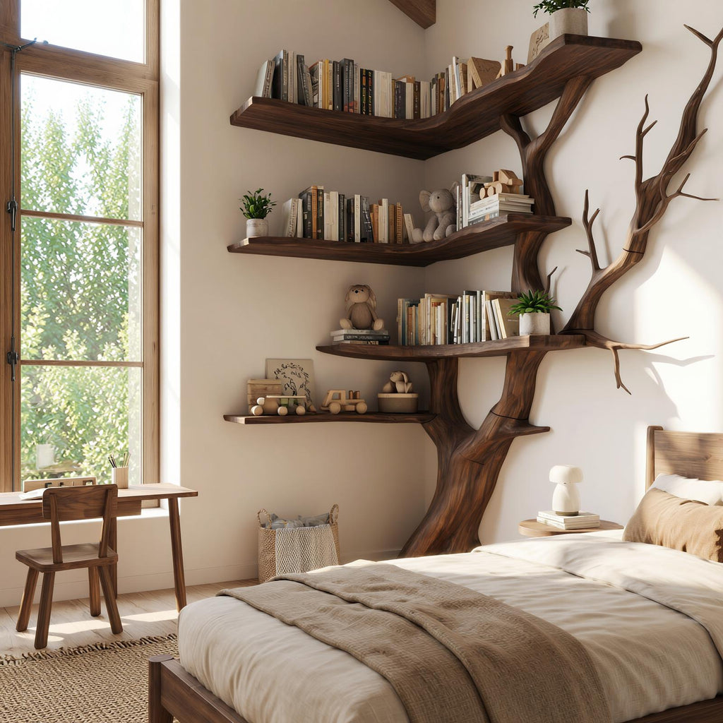 Spry Interior Handmade Corner Tree Bookshelf, Space Saving Solid Wood Bookcase, Decorative Accent Storage Shelf for Living Room SINLSATB603