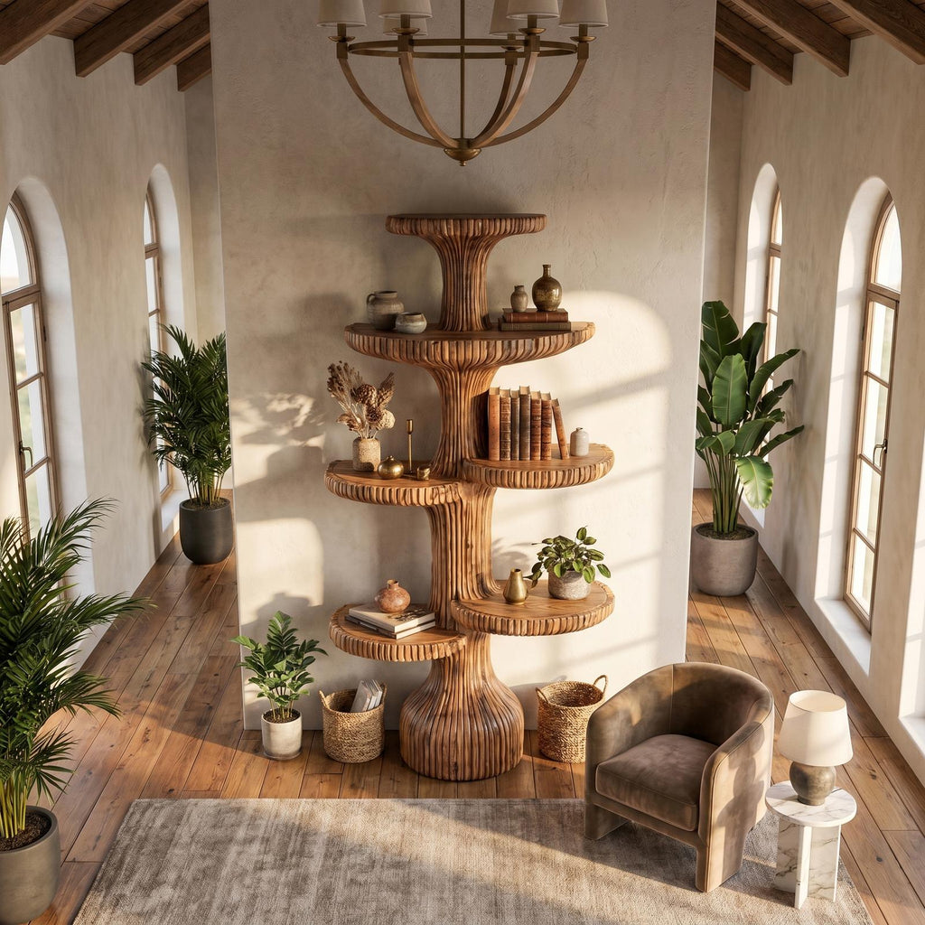Sculptural Tiered Wood Tree Shelf, Handcrafted Floating Branch Wall Mounted Bookcase for Living Room Art