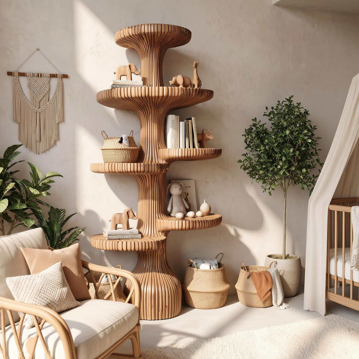Sculptural Tiered Wood Tree Shelf, Handcrafted Floating Branch Wall Mounted Bookcase for Living Room Art