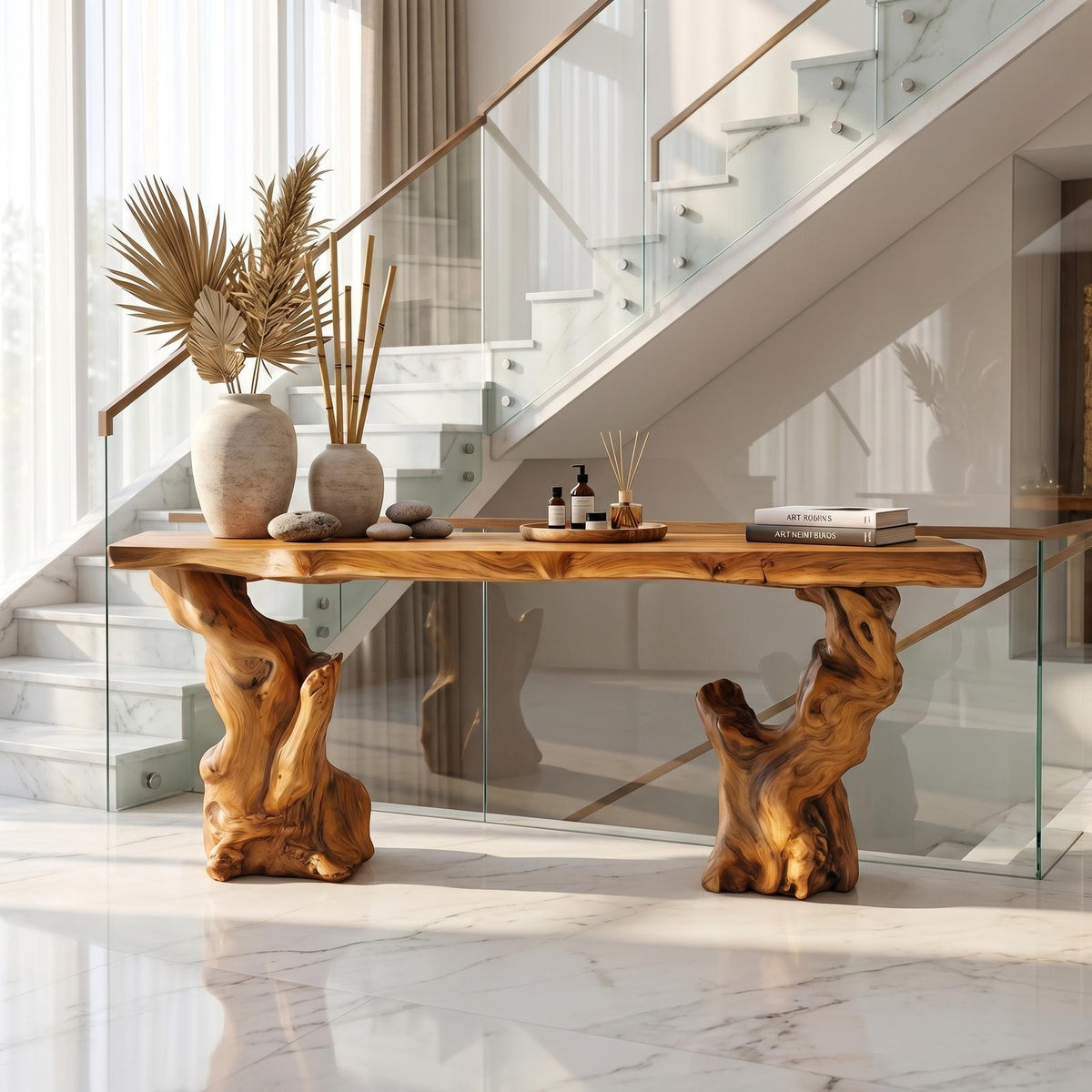 Mid Century Modern Console Table, Sculptural Wave Wood Base, Compact Entryway & Apartment Accent Table