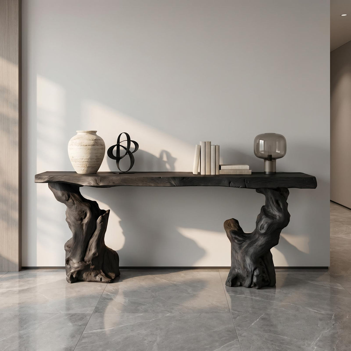 Mid Century Modern Console Table, Sculptural Wave Wood Base, Compact Entryway & Apartment Accent Table