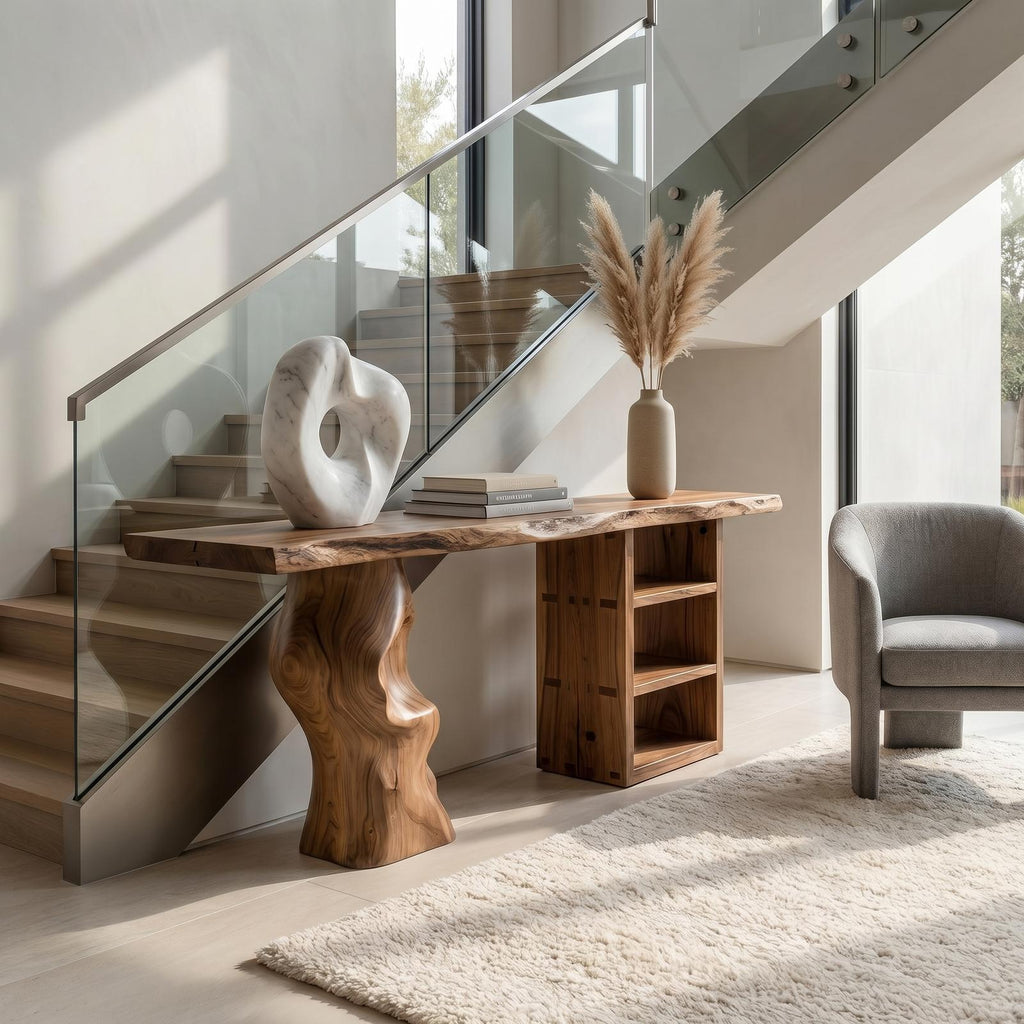 Japandi Organic Modern Solid Wood Console Table, Minimalist Wabi-Sabi Entryway & Living Room Accent Table