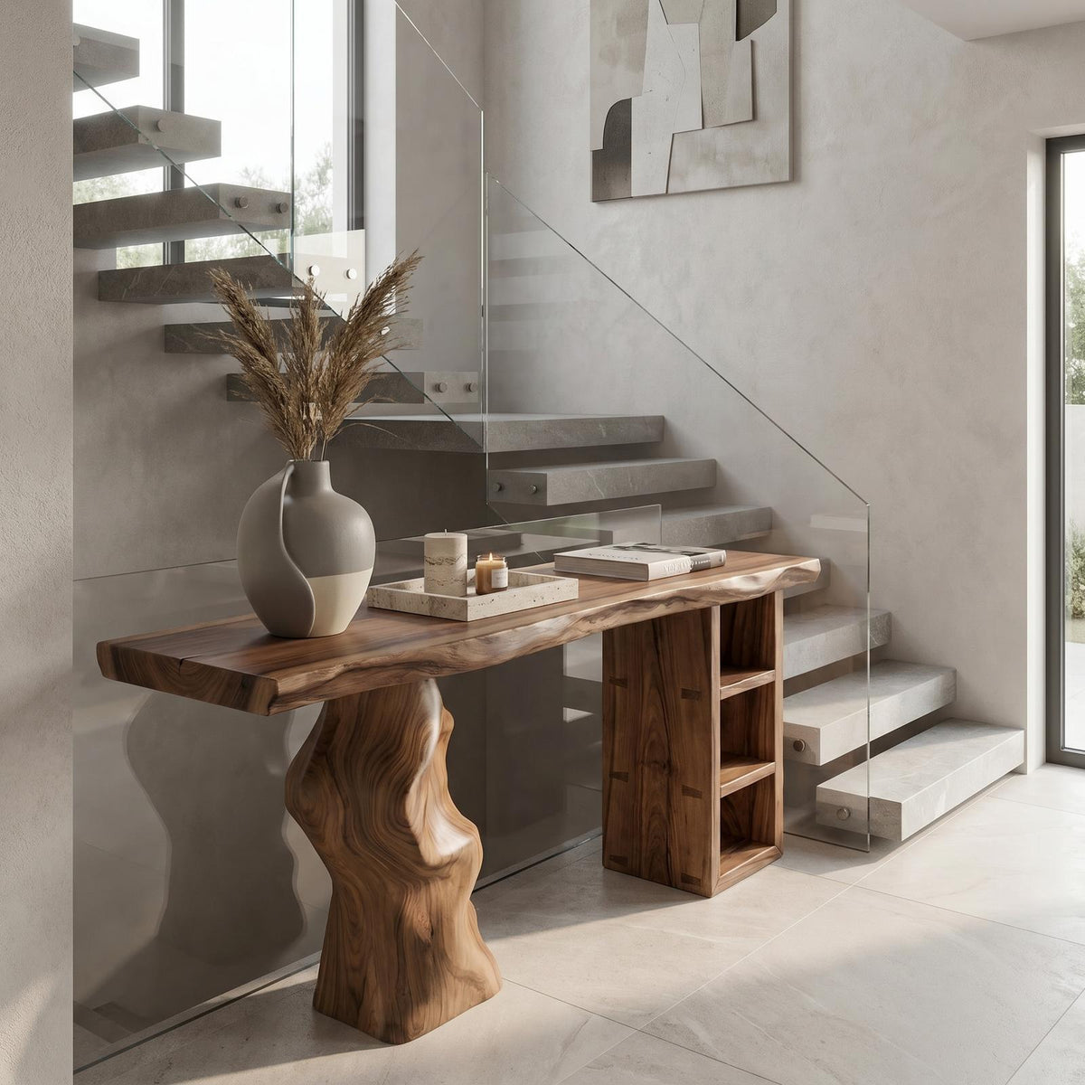 Japandi Organic Modern Solid Wood Console Table, Minimalist Wabi-Sabi Entryway & Living Room Accent Table