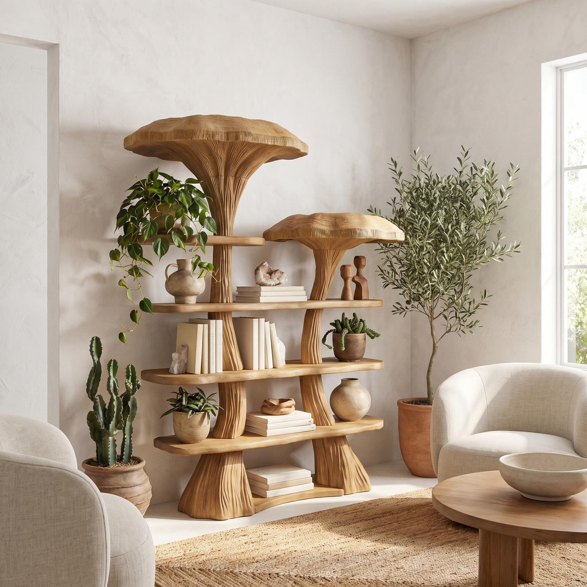 Mushroom Tree Bookshelf Wooden Nature Inspired Fantasy Gift