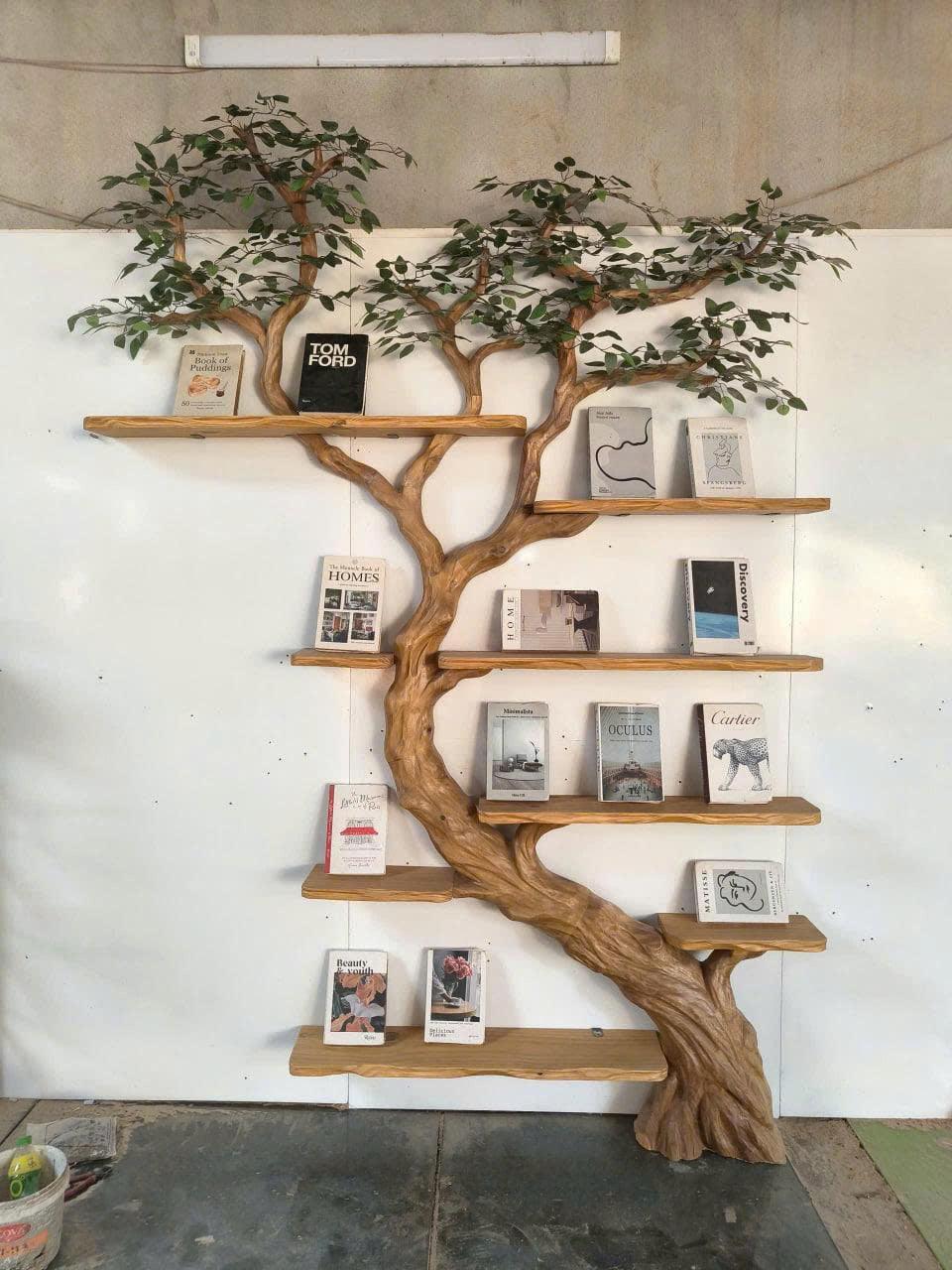 Sculptural Wood Tree Bookshelf, Architectural Wall Mounted Branch Bookcase and Art Display for Modern Living Room