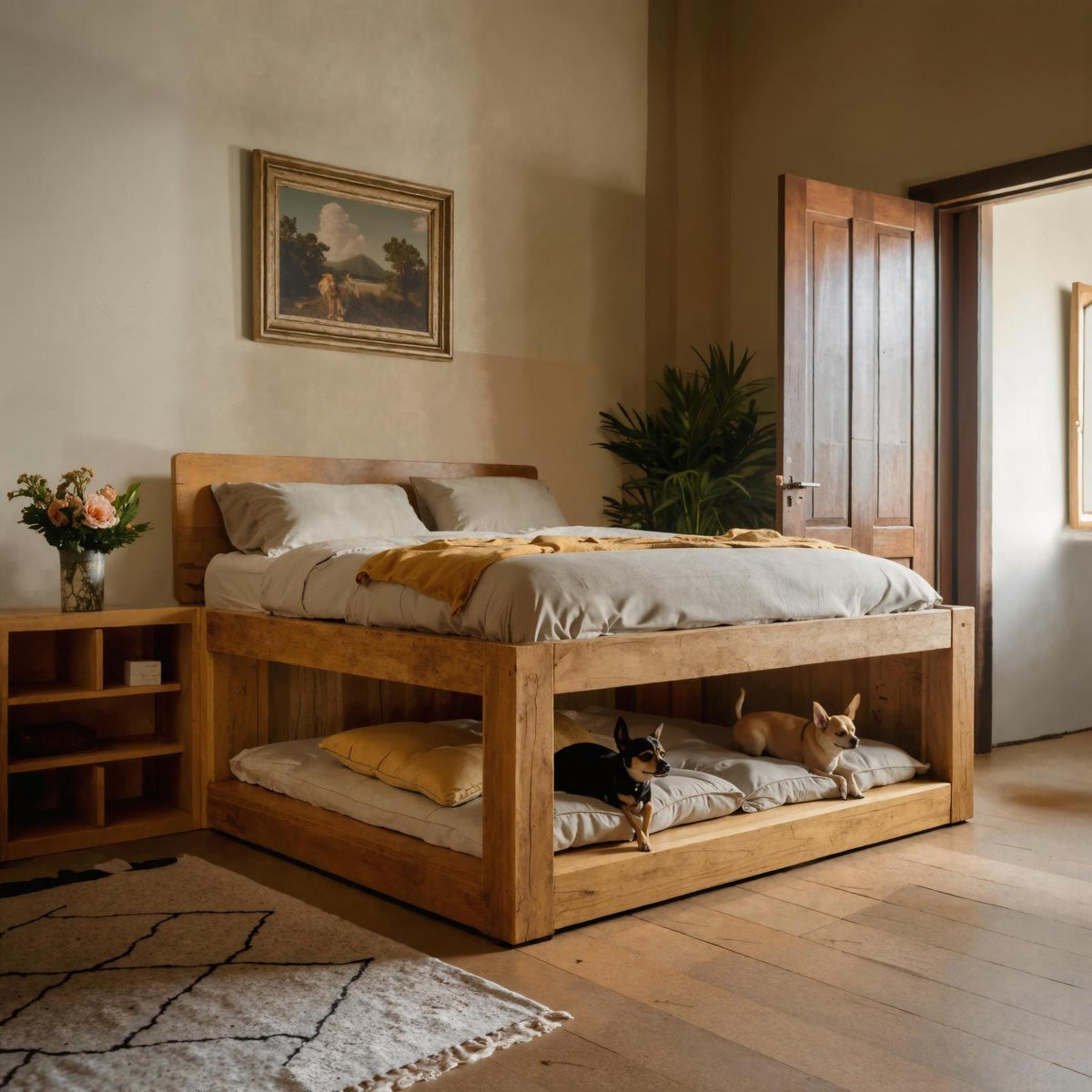 Minimalist Bed Frame With Built In Pet Sleeping Space For Bedroom