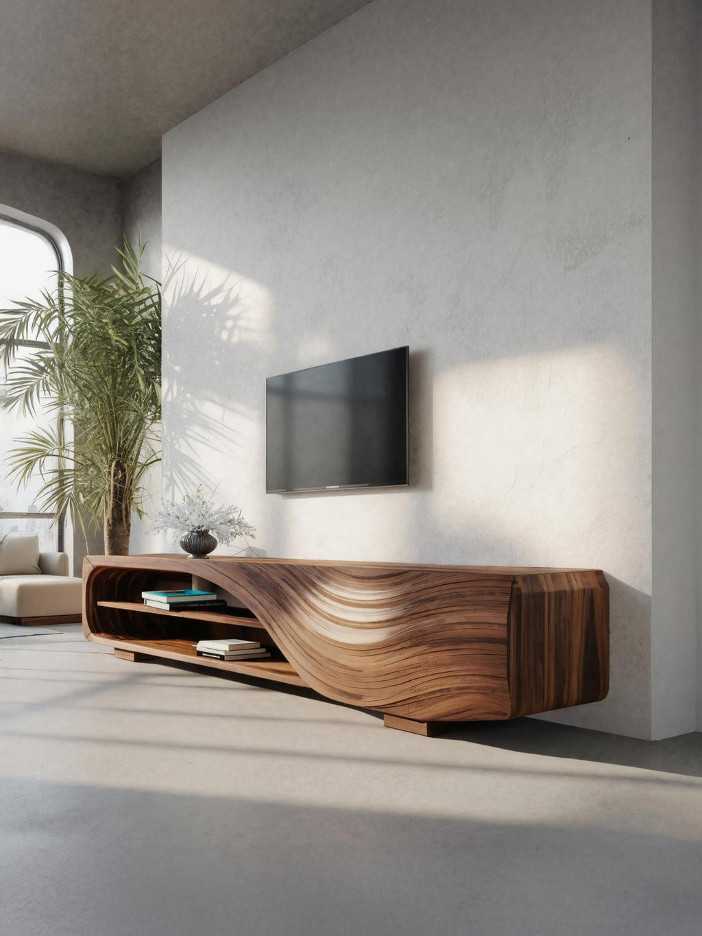 Modern TV Stand With Carved Wave Design For Living Room
