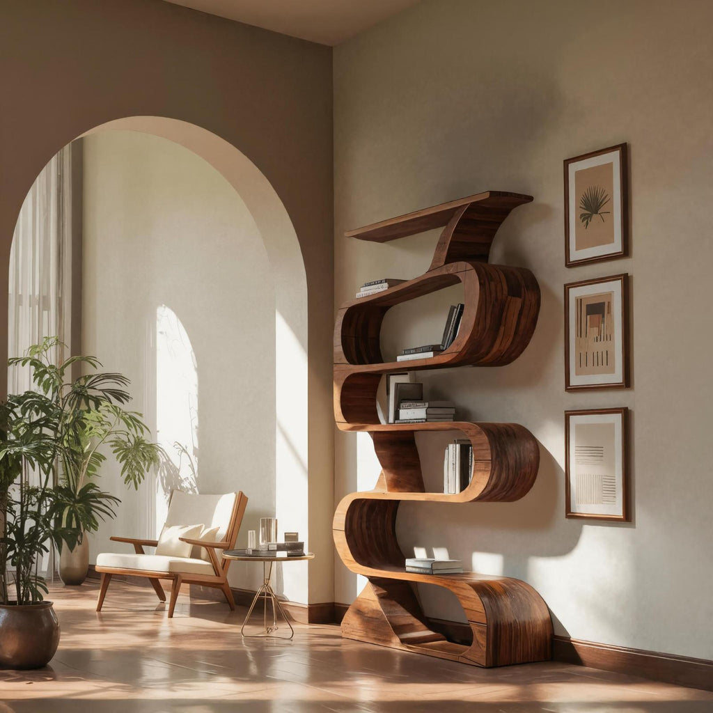 Modern Bookshelf with Curved Design, Handcrafted Solid Wood Bookcase with Open Shelving for Living Room & Office