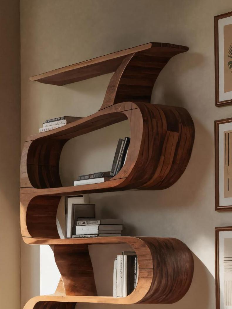 Modern Bookshelf with Curved Design, Handcrafted Solid Wood Bookcase with Open Shelving for Living Room & Office