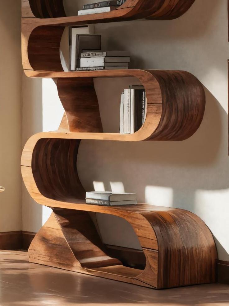 Modern Bookshelf with Curved Design, Handcrafted Solid Wood Bookcase with Open Shelving for Living Room & Office
