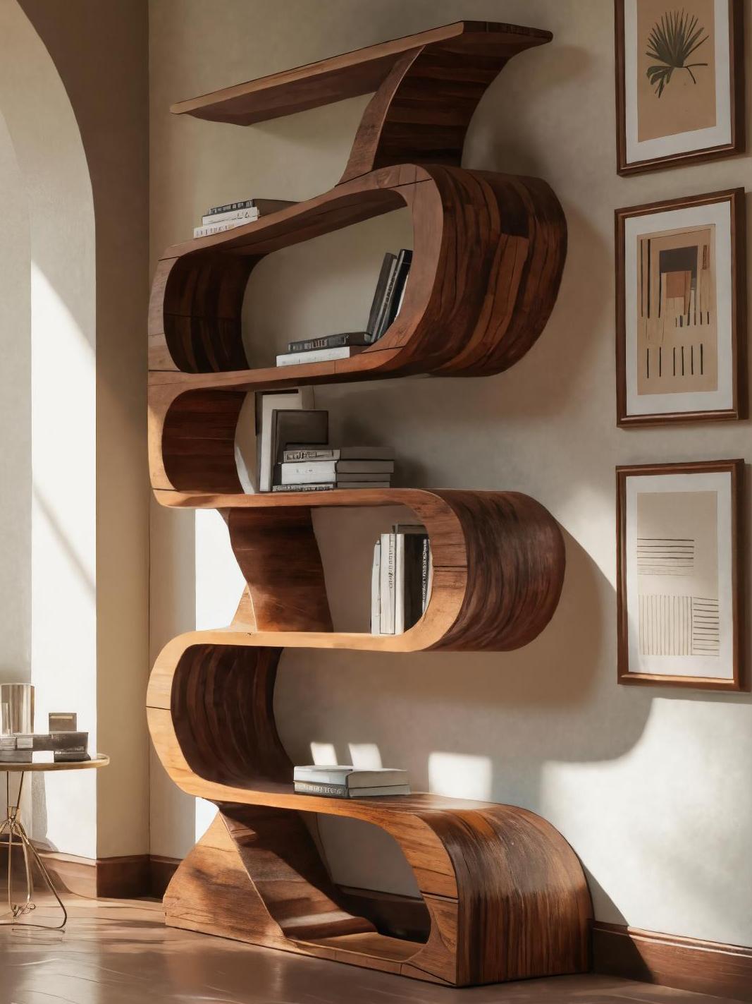 Modern Bookshelf with Curved Design, Handcrafted Solid Wood Bookcase with Open Shelving for Living Room & Office