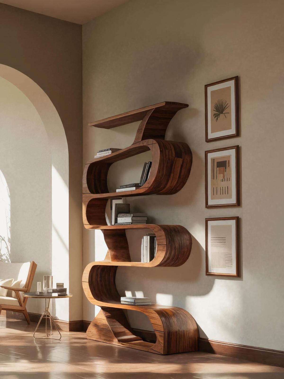 Modern Bookshelf with Curved Design, Handcrafted Solid Wood Bookcase with Open Shelving for Living Room & Office