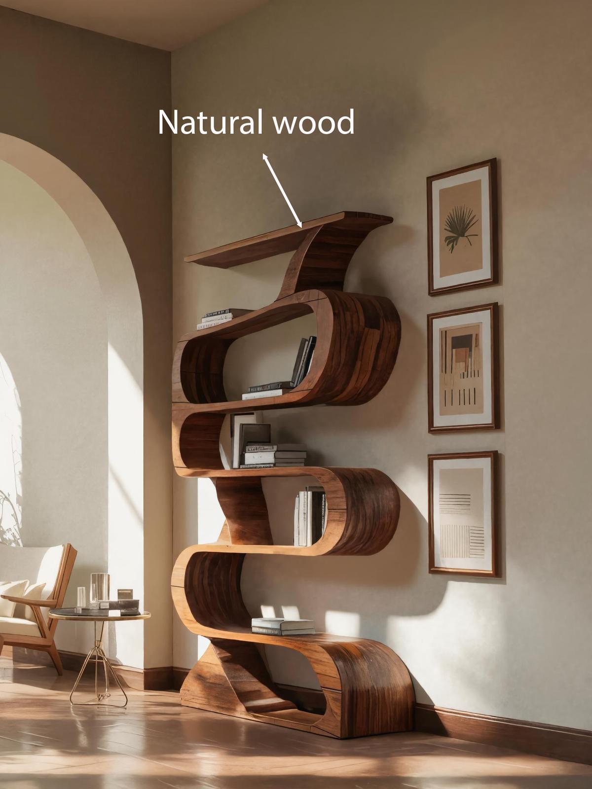 Modern Bookshelf with Curved Design, Handcrafted Solid Wood Bookcase with Open Shelving for Living Room & Office