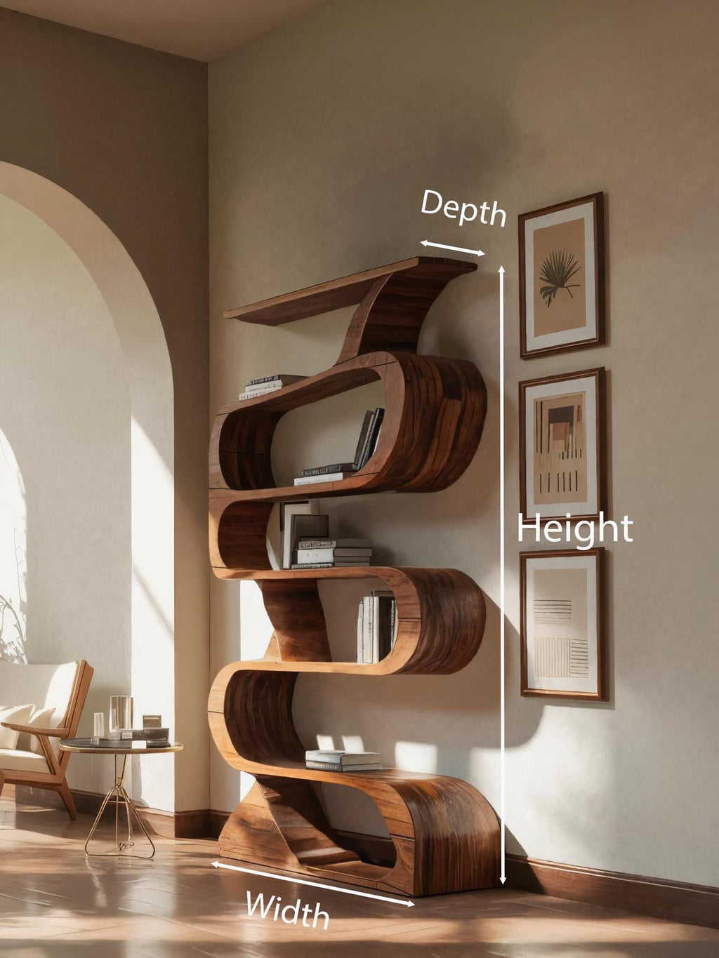 Modern Bookshelf with Curved Design, Handcrafted Solid Wood Bookcase with Open Shelving for Living Room & Office
