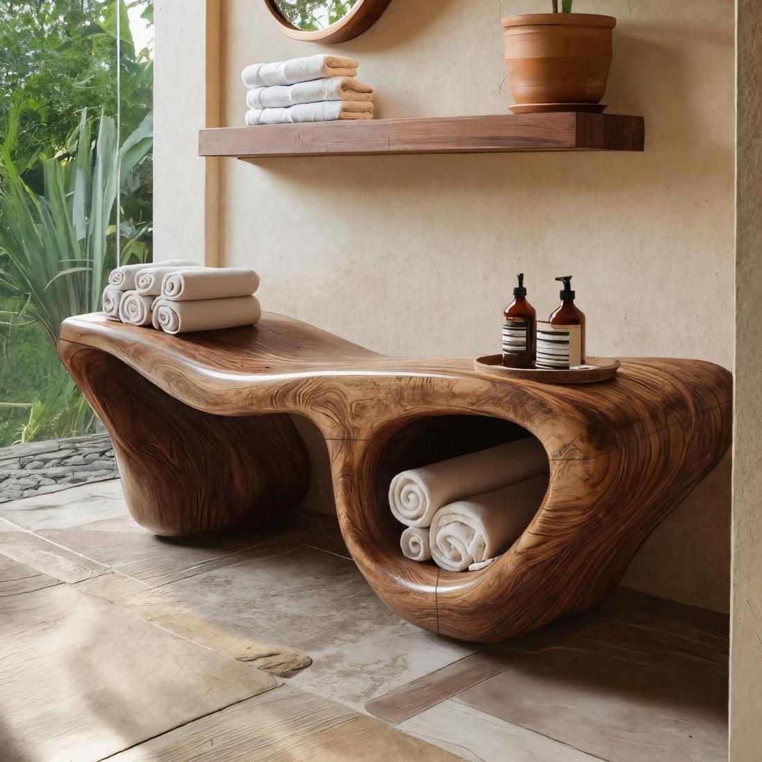 Organic Wave Carved Shower Bench Double Storage For Bathroom