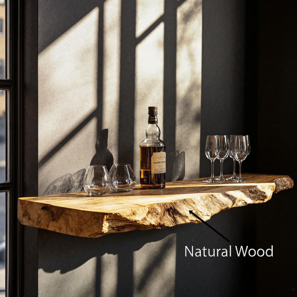Rustic Industrial Wood Bar Wall Shelf, Wall-Mounted Solid Wood Wine Rack Organizer for Home Bar Storage