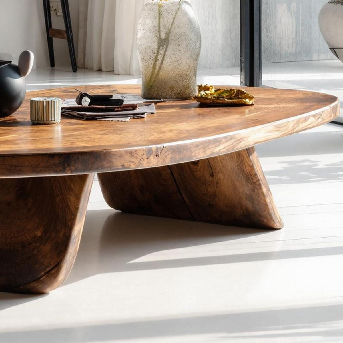 Handcrafted Solid Wood Coffee Table, Rustic Live Edge Low Center Table for Everyday Living Room Use