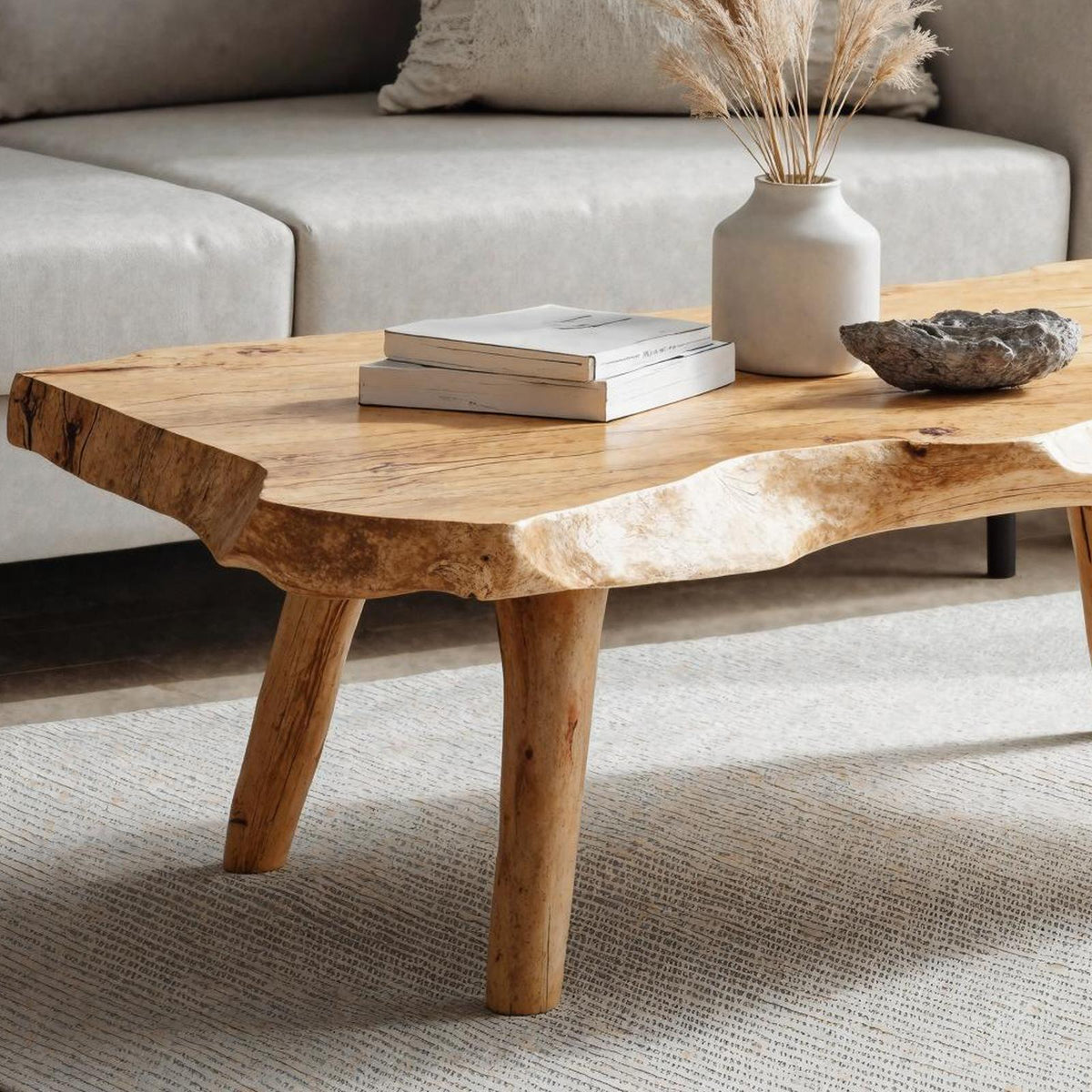 Farmhouse Wooden Coffee Table, Solid Wood Live Edge Central Table for Rustic Living Room Decor