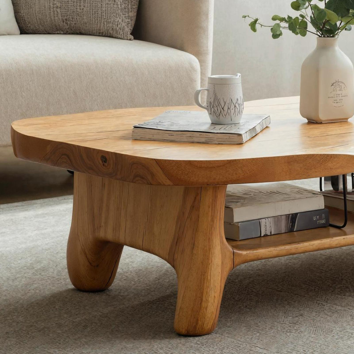 Rustic Solid Wood Coffee Table, Handcrafted Live Edge Center Table for Cozy Living Room Decor