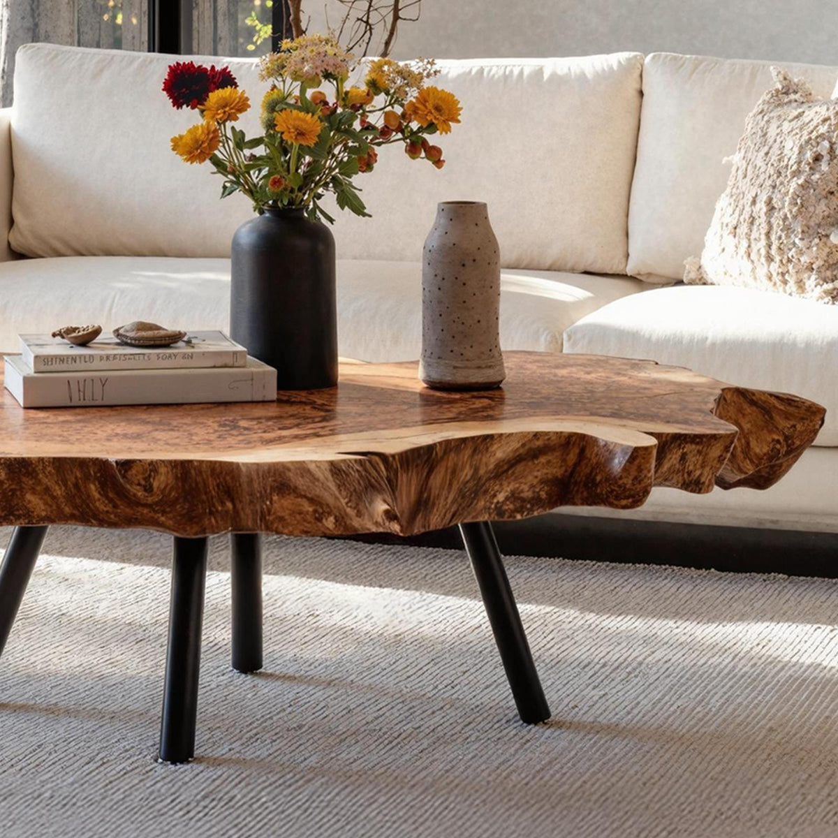 Spry Interior Rustic Solid Wood Coffee Table, Handcrafted Natural Edge Low Center Table for Boho Style Living Rooms, SILDTTRCF008