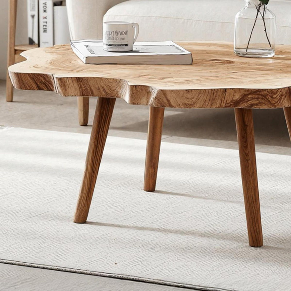 Rustic Solid Wood Coffee Table, Handcrafted Natural Slab Low Center Table for Boho Home Living Room Styling